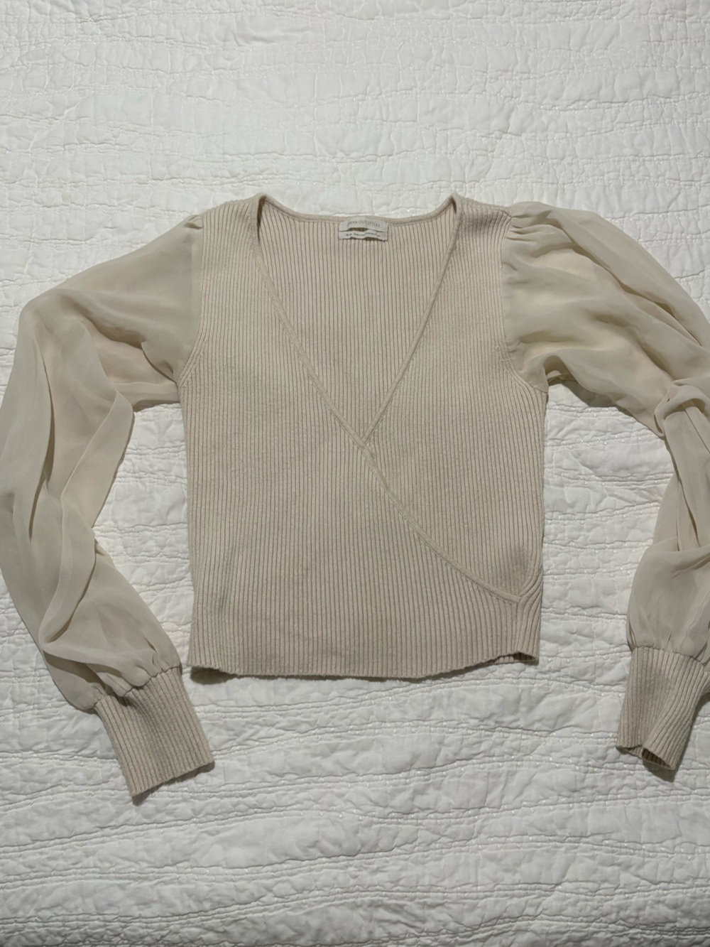 Urban Outfitters Cream V-Neck Ribbed Sweater with Sheer Sleeves